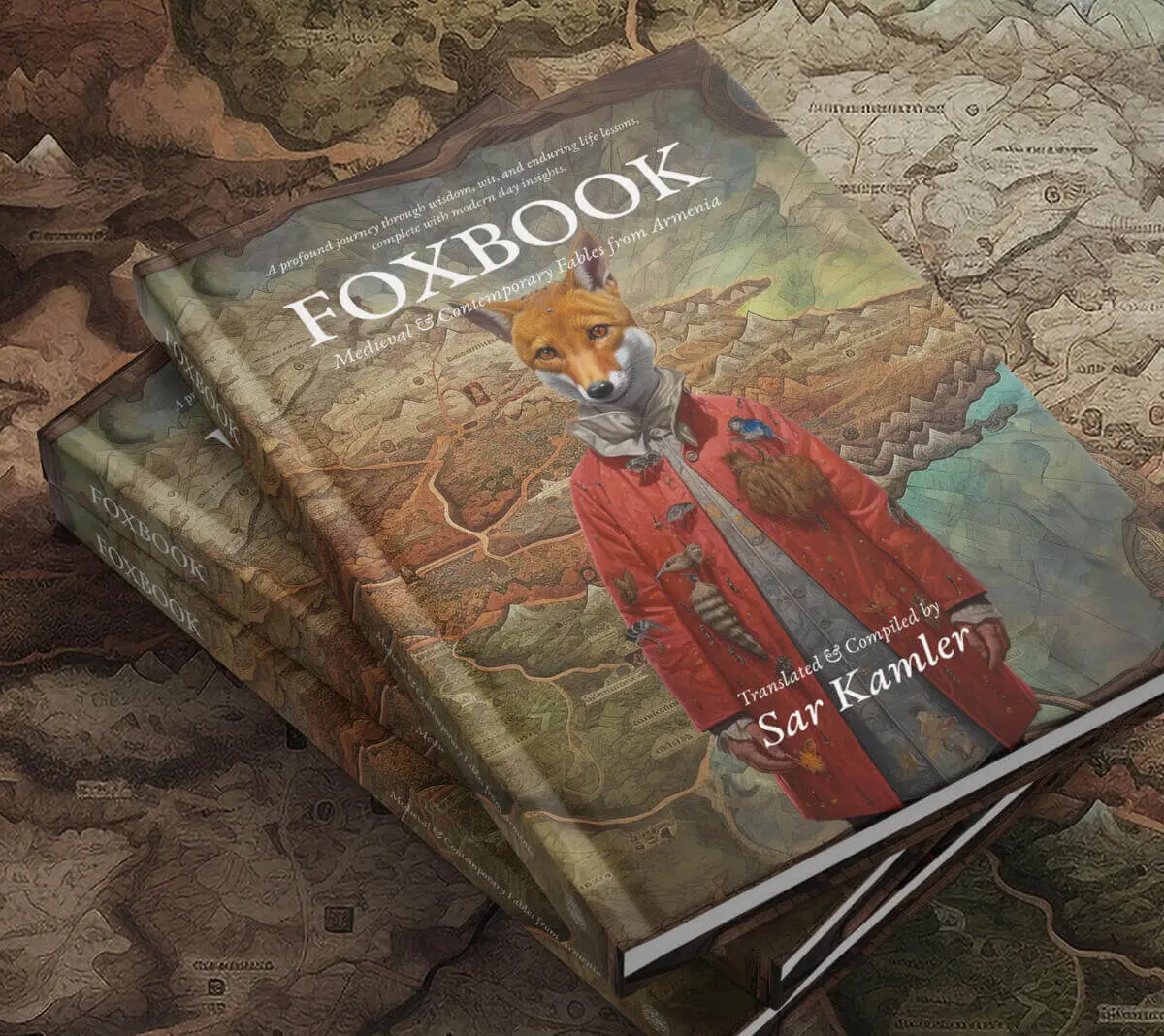 Foxbook — stacked editions on a vintage map